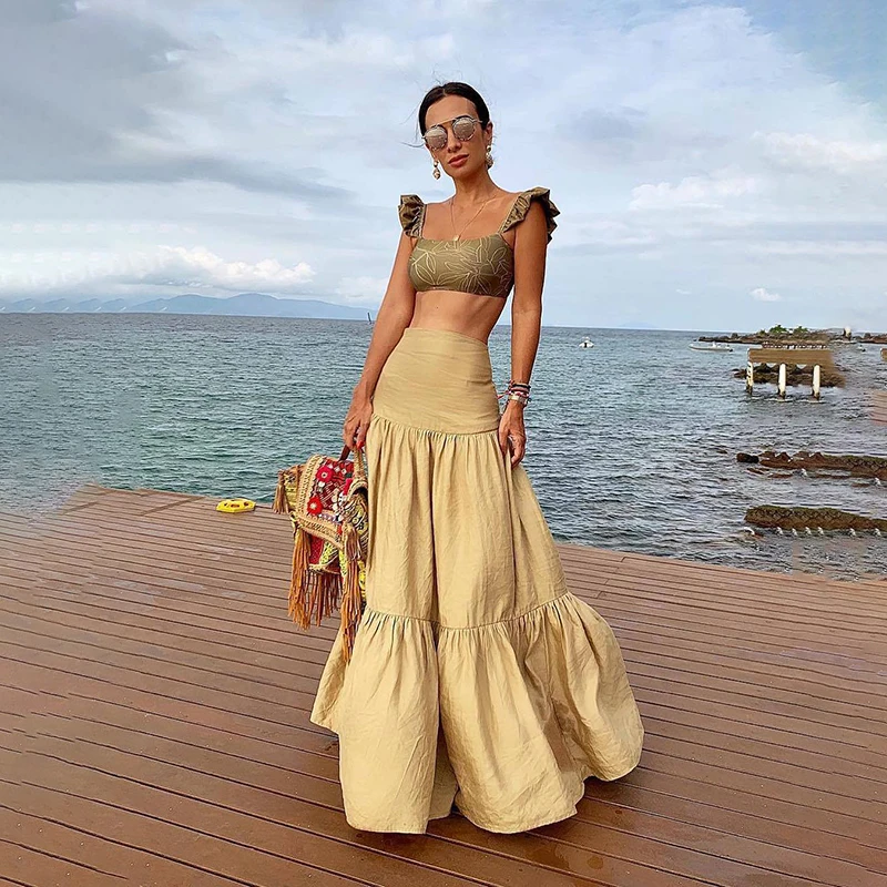 Женская длинная юбка с оборками Однотонная макси из хлопка и льна цвета хаки