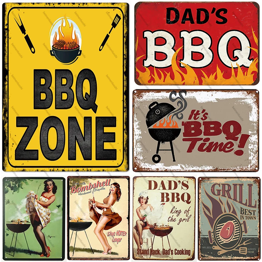 

Vintage BBQ Metal Sign Retro Tin Plate Painting Barbecue Shop Rotisserie Grill Room Wall Decoration