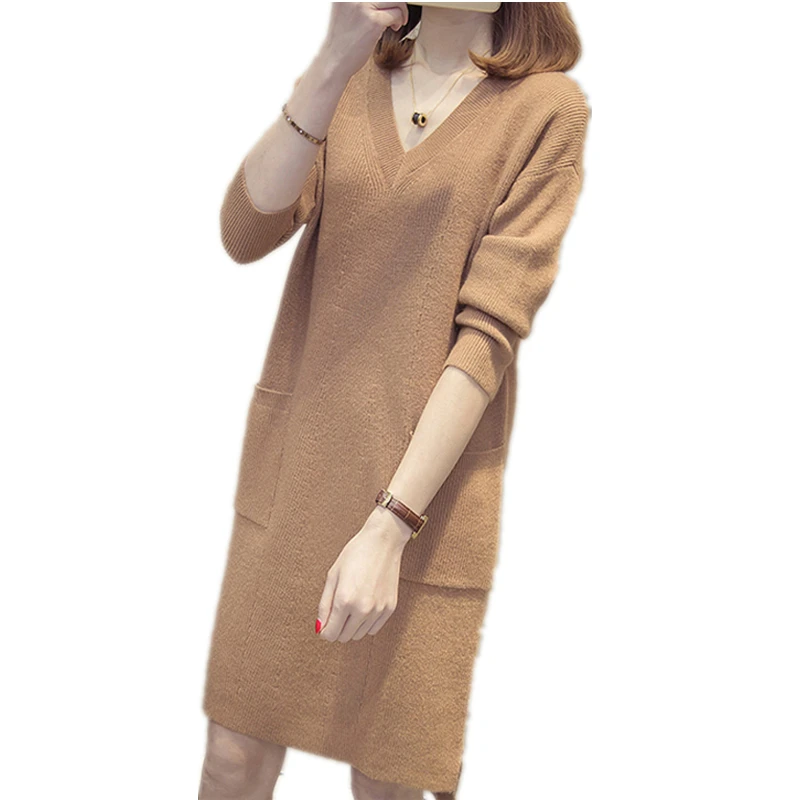 

Mid-length sweater women's autumn and winter new women's loose Korean net red V-neck thickened knitted bottoming shirt dress