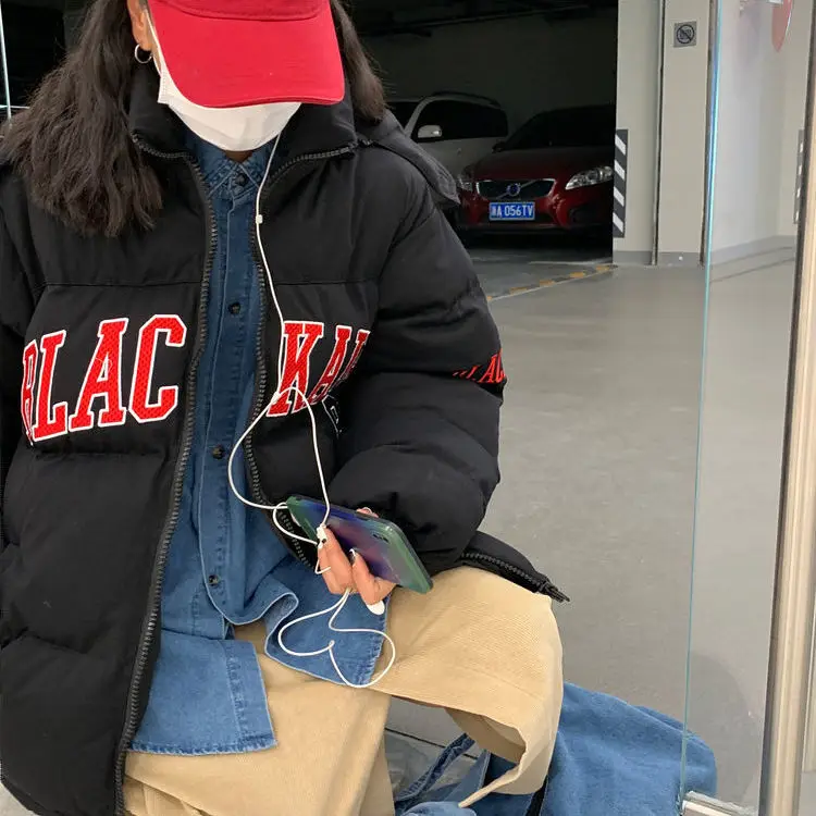 Autumn and Winter New Down Jacket Fashion Trend Loose Simple Plus Velvet Thick Solid Color Letter Printed Cotton Jacket