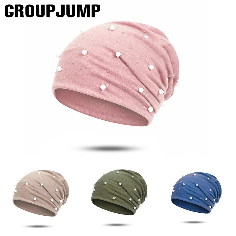 GROUP JUMP модные вязаные шапочки бини женская шапка перламутровая зимняя шапка женские хлопковые мягкие шапочки женские головные аксессуары женский подарок