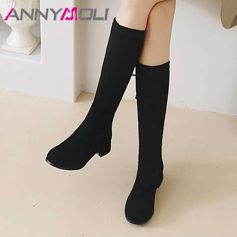 

ANNYMOLI Med Heel Knee High Boots Woman Boots Block Heel Long Boots Lace Up Round Toe Ladies Shoes Autumn Winter Black Size 39