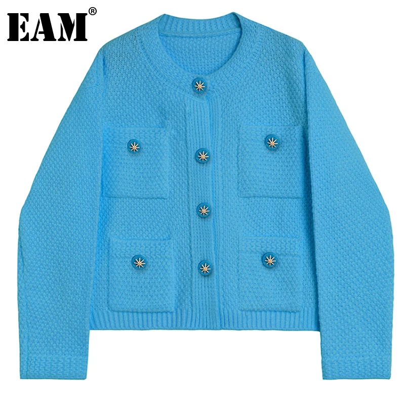 

[EAM] Blue Big Size Knitting Cardigan Sweater Loose Fit O-Neck Long Sleeve Women New Fashion Tide Autumn Winter 2021 1DE3293