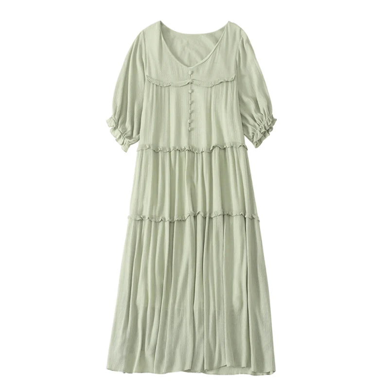 

PERHAPS U V Neck Button Midi Dress Summer Short Sleeve Green Black Beige D1260