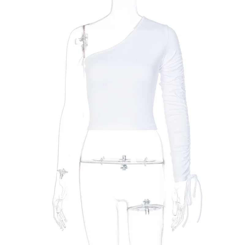 Женская Сексуальная футболка на одно плечо с длинным рукавом шнуровке черная