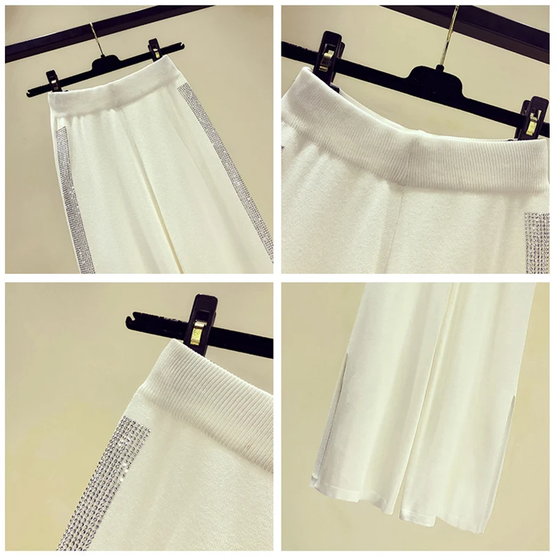 

QING MO Black White Women Knitted Wide Leg Pants 2021 Spring Women Rhinestone Pants Female High Waist Trousers ZQY6671
