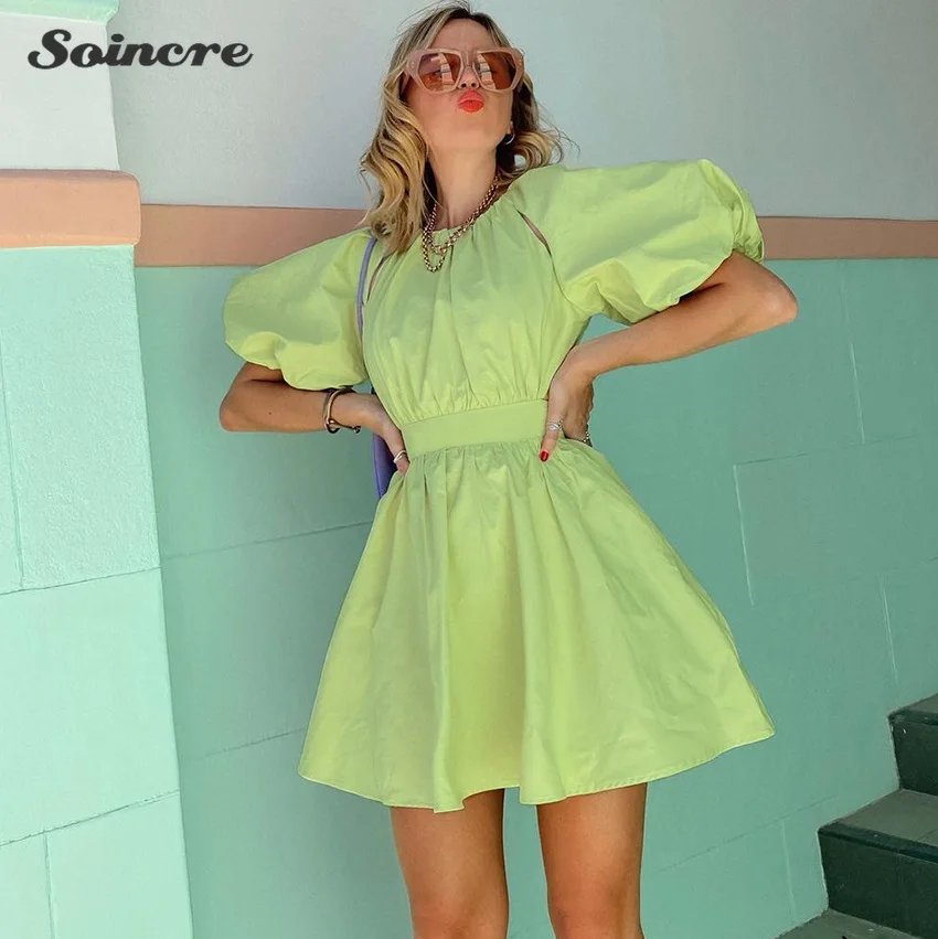 

Green Dresses for Women 2021 Summer New Sexy Open Back Puff Sleeve Slim Casual Mini Dress Waist Hollow Fashion Y2k French