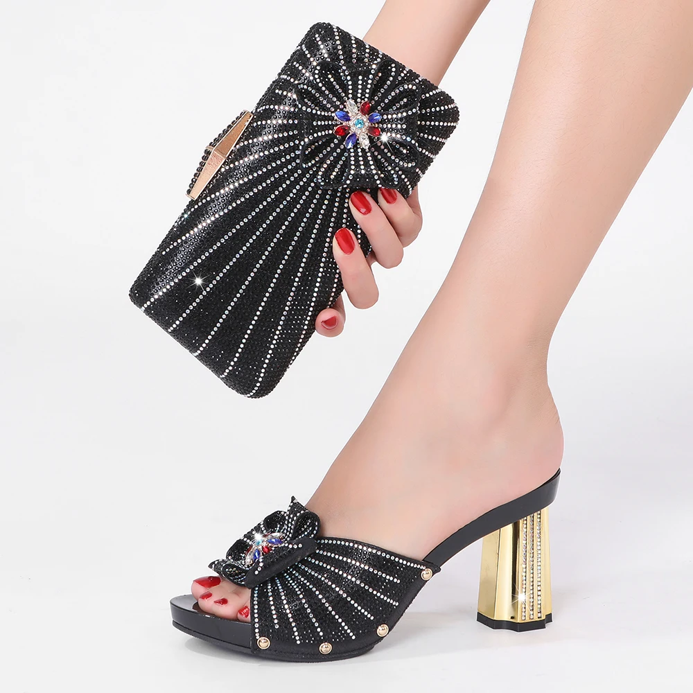 

2021 summer new style African Nigeria Italian high-heeled slippers female bag matching wedding shoes diamond slippers female