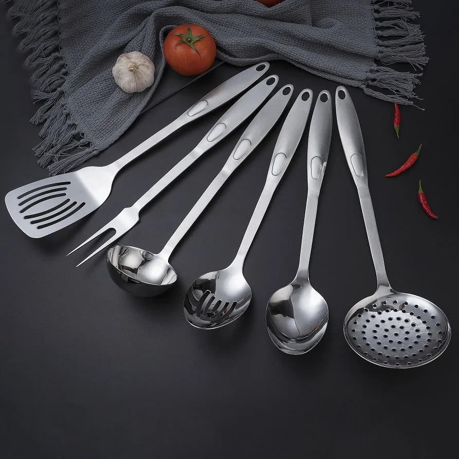 

Набор кухонной посуды из нержавеющей стали, 6 предметов, лопатка для приготовления супа, шумовка, вилка, антипригарный кухонный инструмент