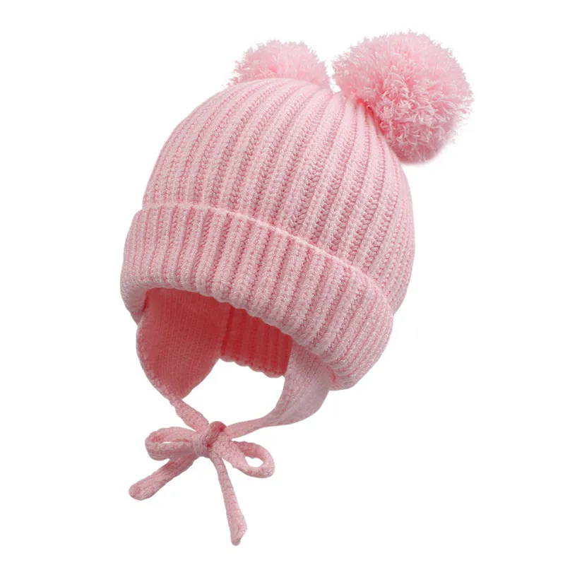 Solid Baby Earflap Hat Thicken Warm Toddler Kids Boys Girls Beanie Cap Infant Polyester Winter Pompom with Chinstrap Stay On | Детская