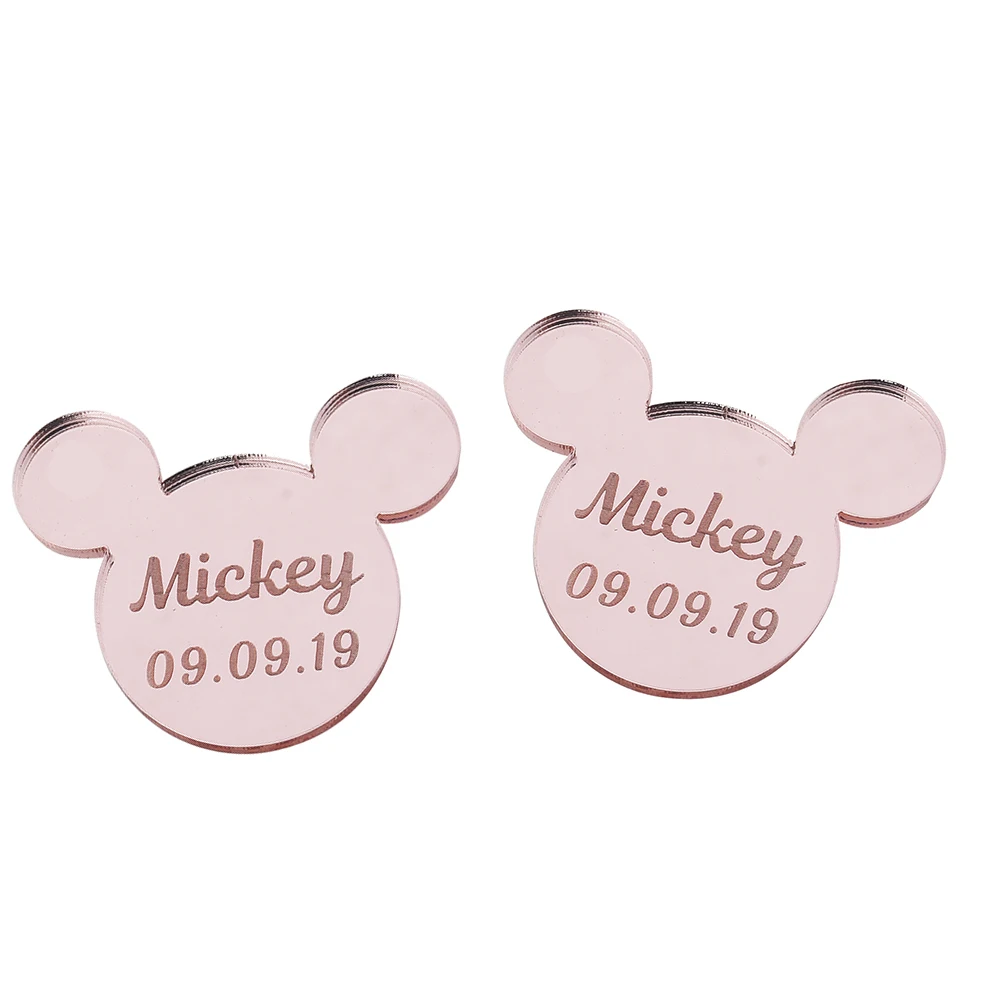 Style8 Pink 12 шт. персонализированные гравированное зеркало Микки Маус надписи имя карты метки ребенок душ украшение для вечеринки в день рождения 40 мм без отверстия - Цвет: Style8 Pink