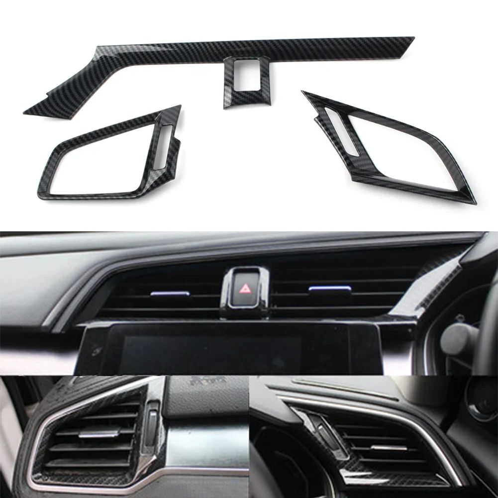 3Pcs/Set Car Dashboard Air Vent Cover Case For Honda Civic 10th 2016 2017 2018 2019 2020  RHD  ABS Carbon Fiber Style