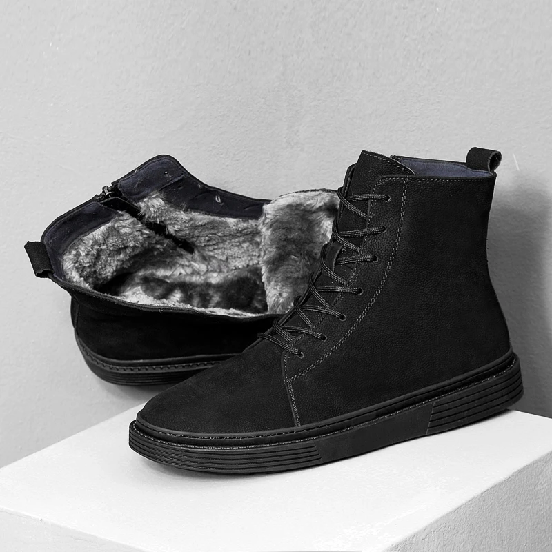 

Winter Genuine Leather Men's Boots Fur Warm Ankle Boots Casual Suede Male Footwear Snow Motorcycle Boots Outdoor Sneakers Men