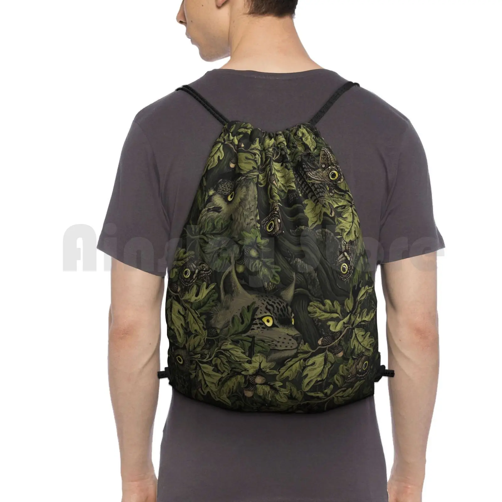 

Fit In ( Olive Green ) Backpack Drawstring Bags Gym Bag Waterproof Autumn Leaves Oak Acorn Owl Horned Owl Owls Eye Eyes