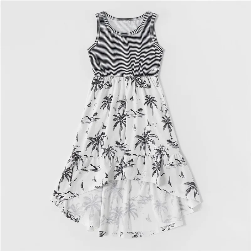 

2020 Hot Sale Summer Family Matching Blue Coconut Tank Sleeveless Dress Stitching T-shirt Dress and Rompers Family Look Clothes