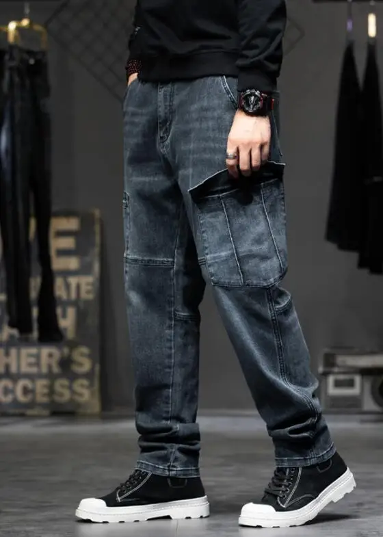 High Waist Jeans Men Stretched Loose Straight Tall Man Denim Trousers Elastic Jeans  Straight Loose Pants