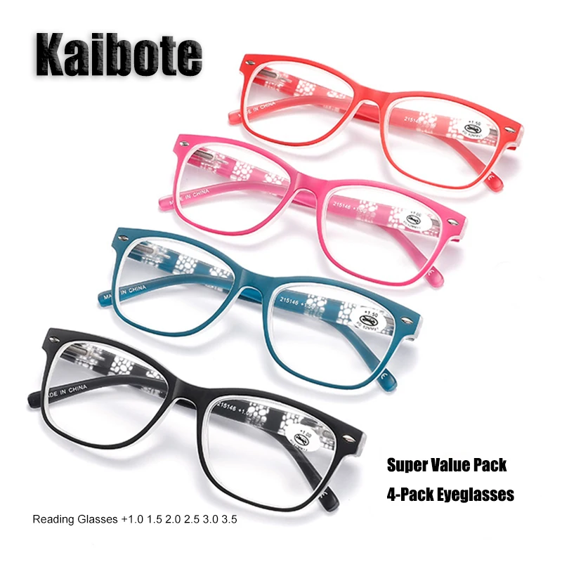 

KBT 4 Pairs Ladies Reading Glasses 1.0 1.5 2.0 2.5 3.0 3.5 Colorful 4-Pack Presbyopic Eyeglasses Spring Hinge HD AC Lens Durable