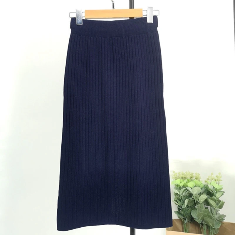Dark Blue 63cm Женская Длинная трикотажная юбка осень зима женские плиссированные юбки миди макси тонкая облегающая юбка однотонная женская офисная одежда юбка - Цвет: Dark Blue 63cm