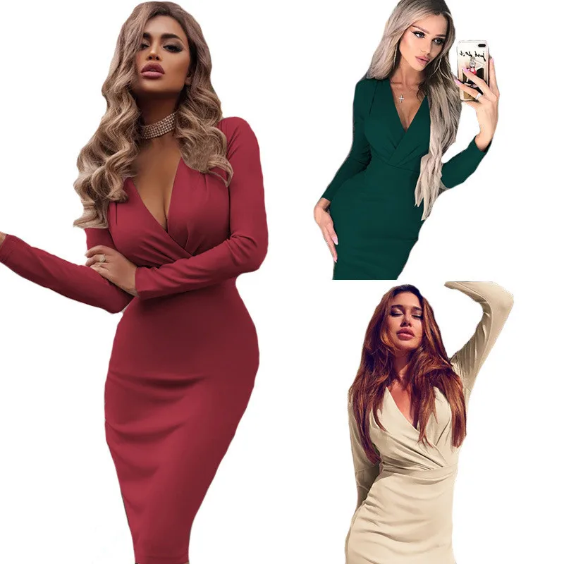 

Sexy v neck winter sweater dress women Ruched long sleeve black bodycon dress female Chic party dress autumn