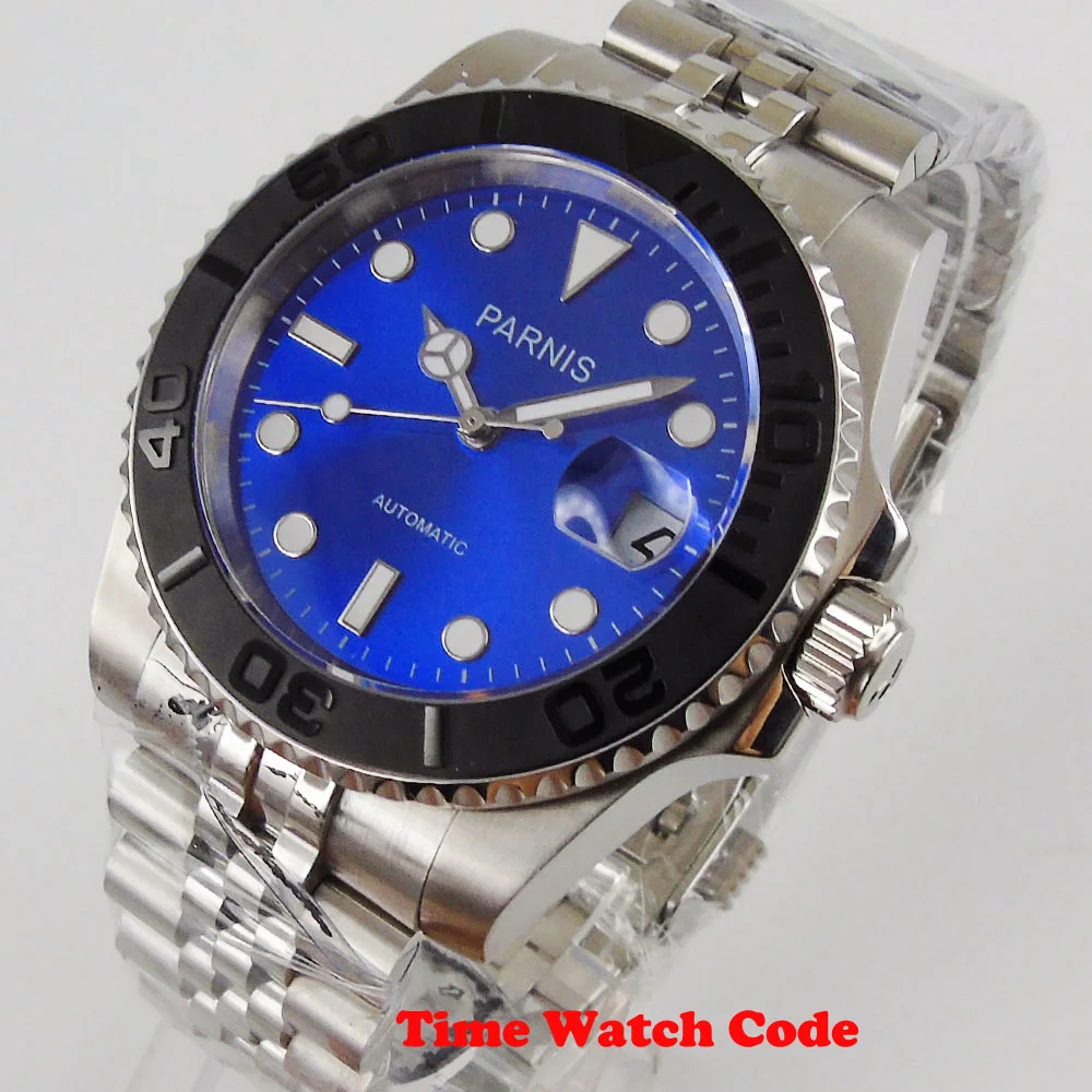 Роскошные PARNIS 40 мм автоматические мужские наручные часы с синим циферблатом