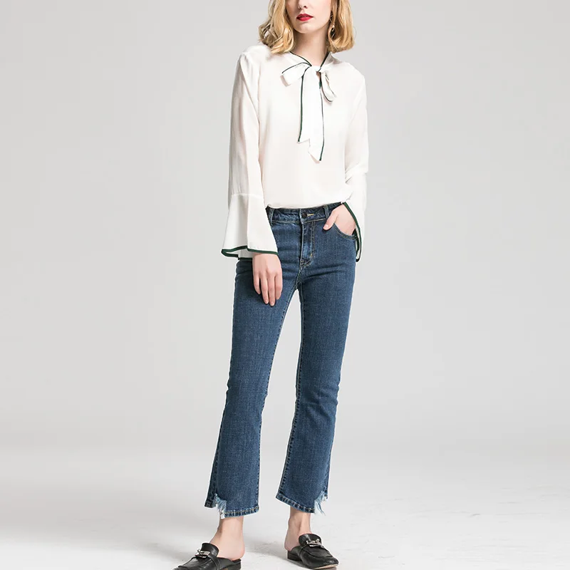 Женская футболка с длинным рукавом бабочкой из натурального шелка бантом