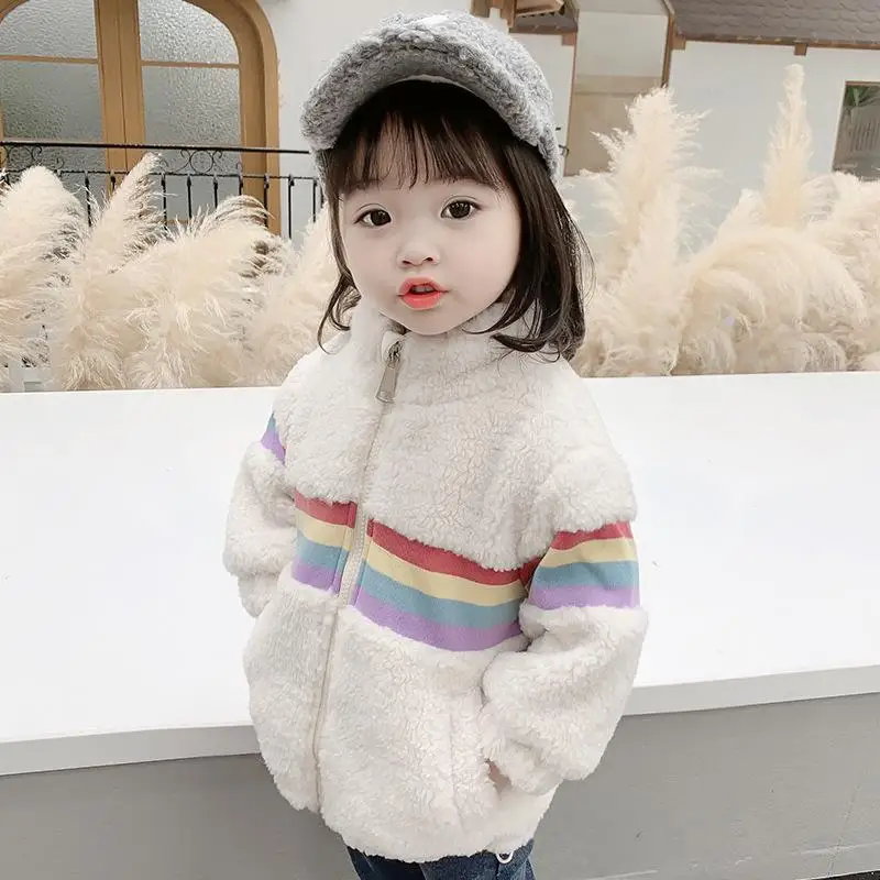 

Fashion Baby Girls Patchwork Rainbow Winter Jacket Thick Lamb Wool Infant Toddler Child Warm Sheep Like Coat Outwear Cotton 1-7t