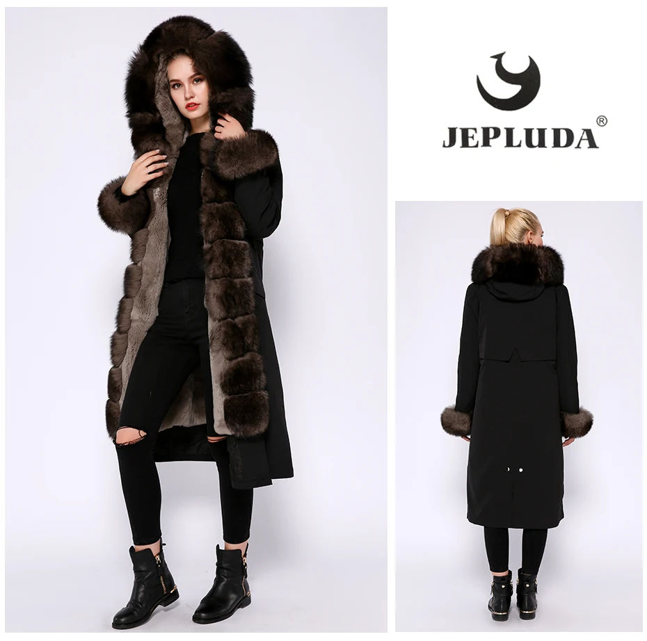 JEPLUDA парка женская с натуральным мехом лисой большой на капюшоном и манжетами меховой подкладкой кролика рекс полный толстый разъемный зимнее женское пальто с мехом съемный женская куртка из натурального меха лиса