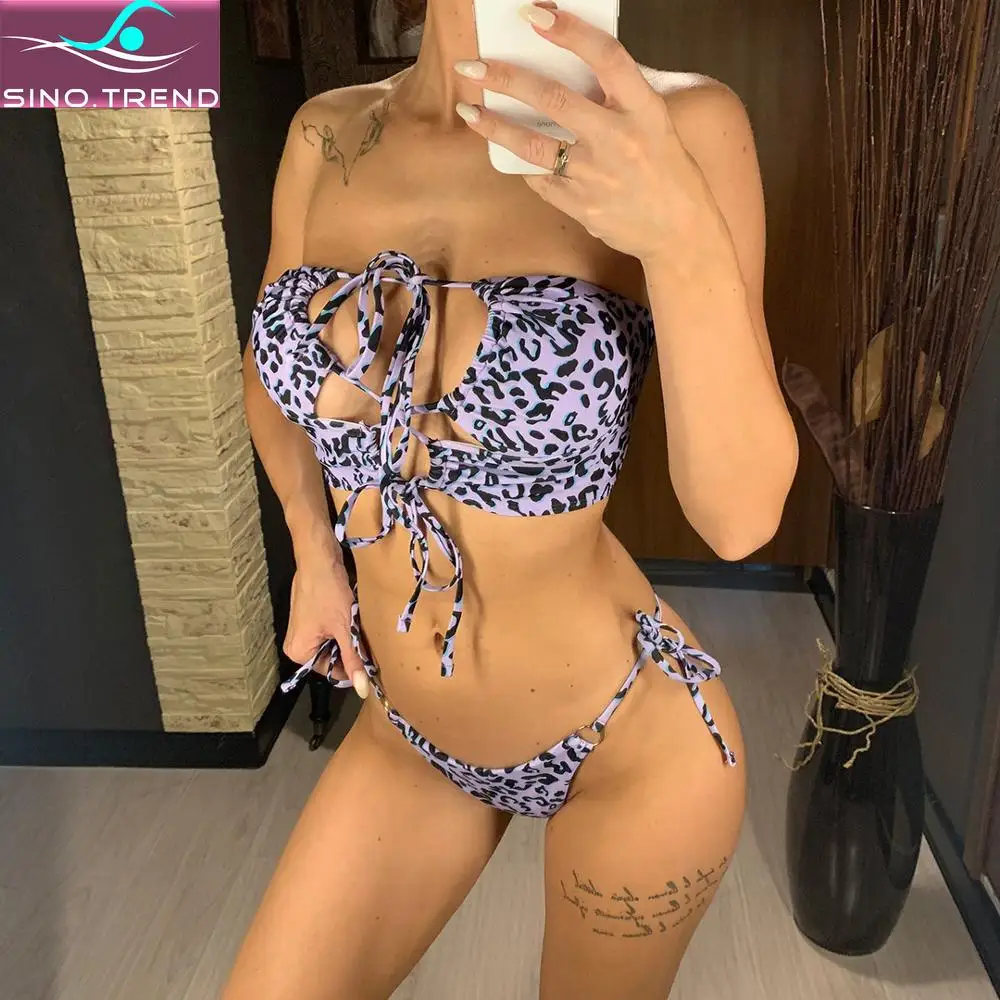 

Женский леопардовый купальник SINO.TREND, пикантный комплект бикини с высокими штанинами и вырезами, однотонный раздельный купальник на шнуров...