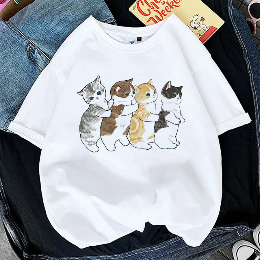 Kawaii Cat Shark Женская забавная Футболка с принтом животных Y2K Модные топы 90-х футболка