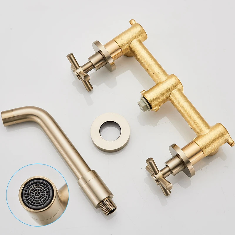

Vidric Brushed Gold Basin Faucet Wall Mounted Black Faucet Tap 360 Rotation Wash Basin Mixer Tap Dual Cross Handles Mixer Tap