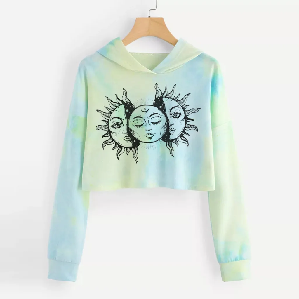 Женская укороченная Толстовка с длинным рукавом рисунком Луны в стиле Харадзюку