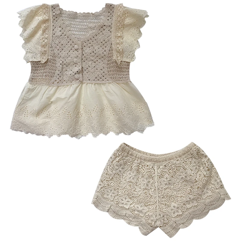 

2020 2 Piece Set Women Lace Hollow Out V Neck Short Sleeve Blouse+Elastic High Waist Wide Leg Shorts Fashion Suits