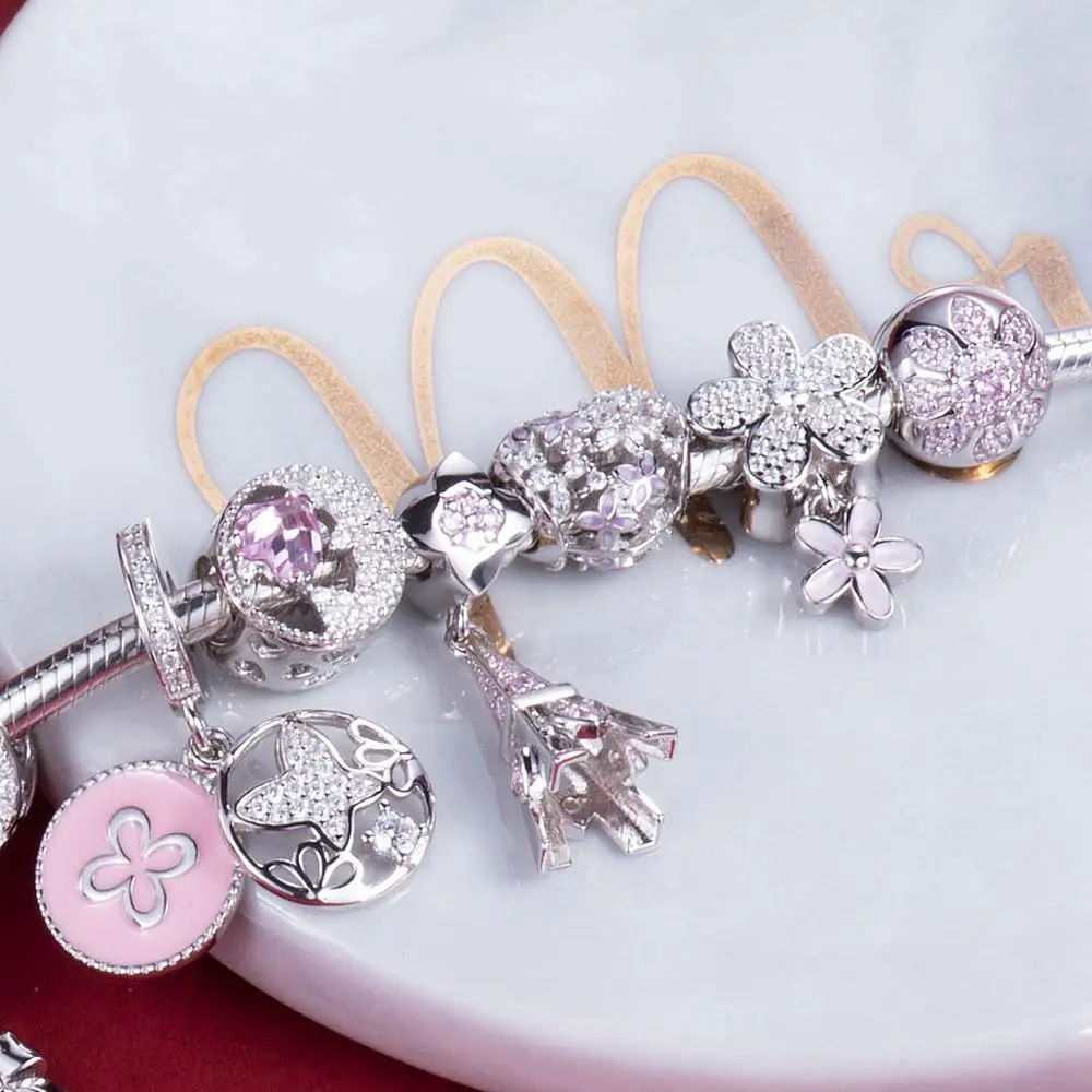 Видео! Розовый цветок бабочки танцевальные 925 пробы Серебряные Подвески подходят