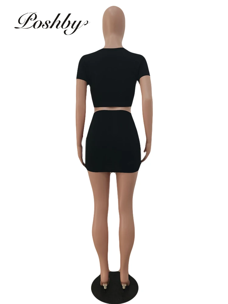 

Poshby Summer Women Ruched Solid 2 Pcs Set Casual Short Sleeve Tees Skinny Mini Skirt Clothes Streetwear Crop Top Fitness Outfit