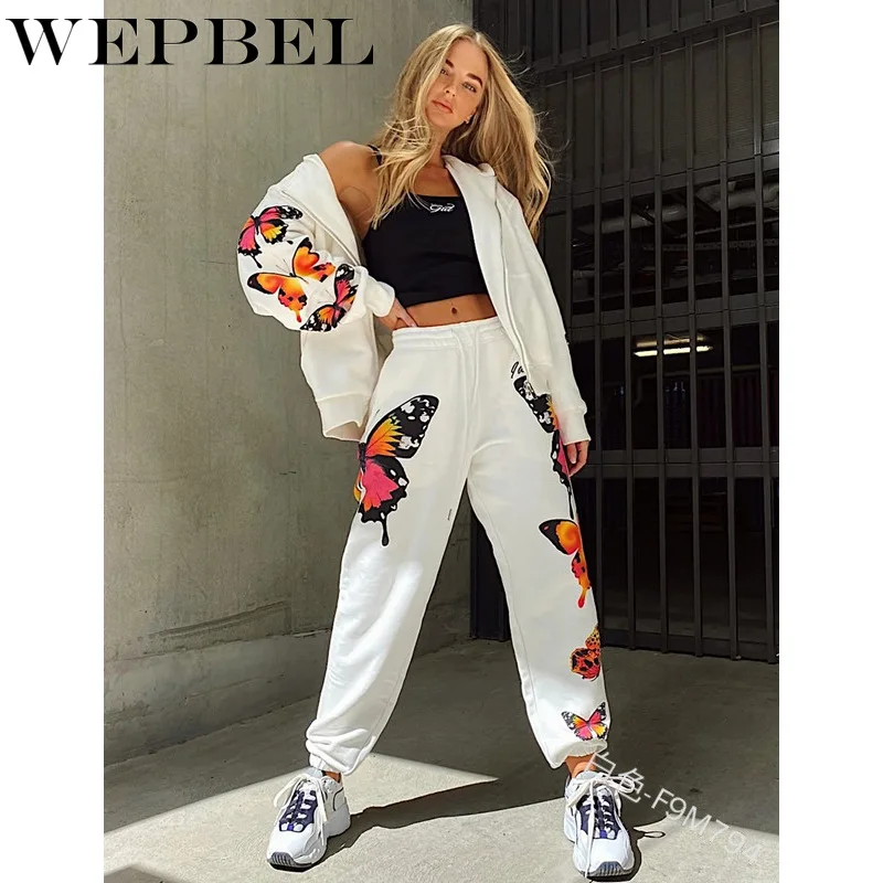 Mandylandy-chándal deportivo con estampado de mariposa para mujer, conjunto de 2 piezas con cremallera, Abrigo con capucha, Top + cordón en la cintura, Pantalones