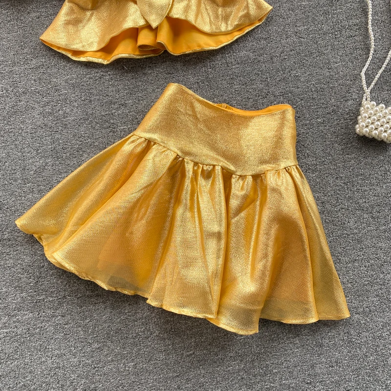 

Sexy Yellow Party Two Piece Set Women V-Neck Bow Criss-Cross Short Tops + High Waist Mini Skirt Female Elegant Suit 2021 Summer