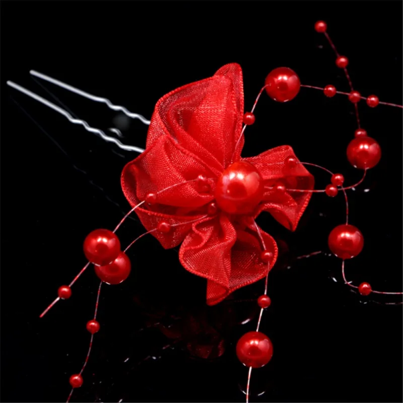1pcs Bridal Wedding Red White Lace Pearl Flower Hair Pin Clip Handmade Headpiece For Women Girls Party Jewelry |