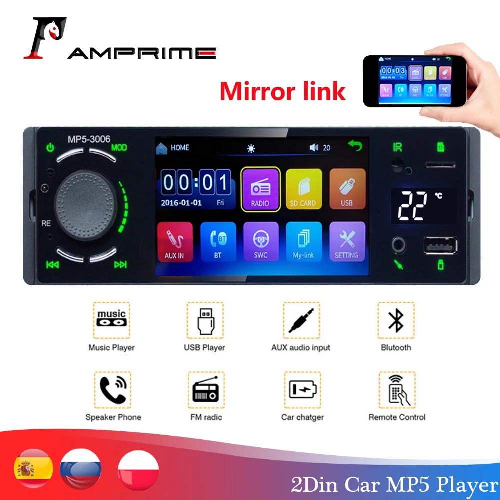 Автомагнитола AMPrime 1 din 4," Touch Acreen, автомобильное аудио зеркало, стерео Bluetooth Камера заднего вида, Usb Aux плеер