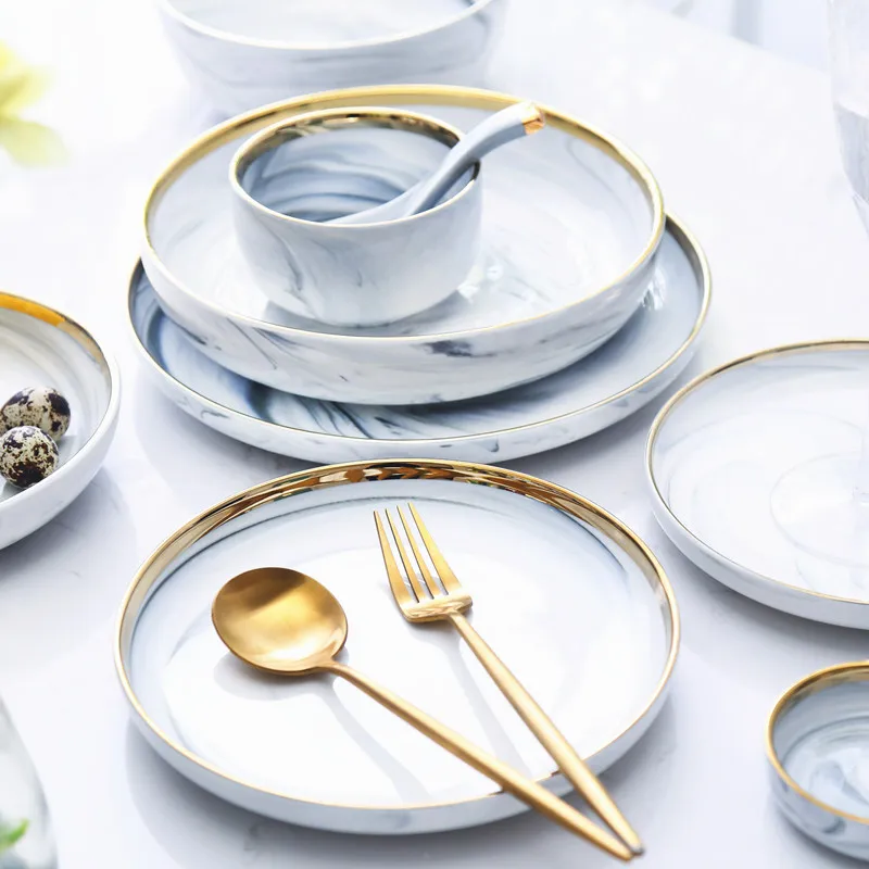 

Household Dinner Plates Luxury Handmade Gold Trim Restaurant Plates Dinnerware Breakfast Pratos De Jantar Service Tray KC50CJ