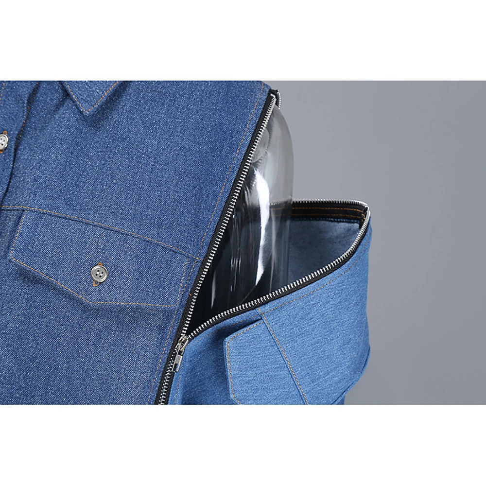 

YUANYUANJYCO Spring Autumn Women Midi Streetwear Denim Shirts Dresses Fashion Patchwork Long Sleeve Zip Up Button Jean Clothes