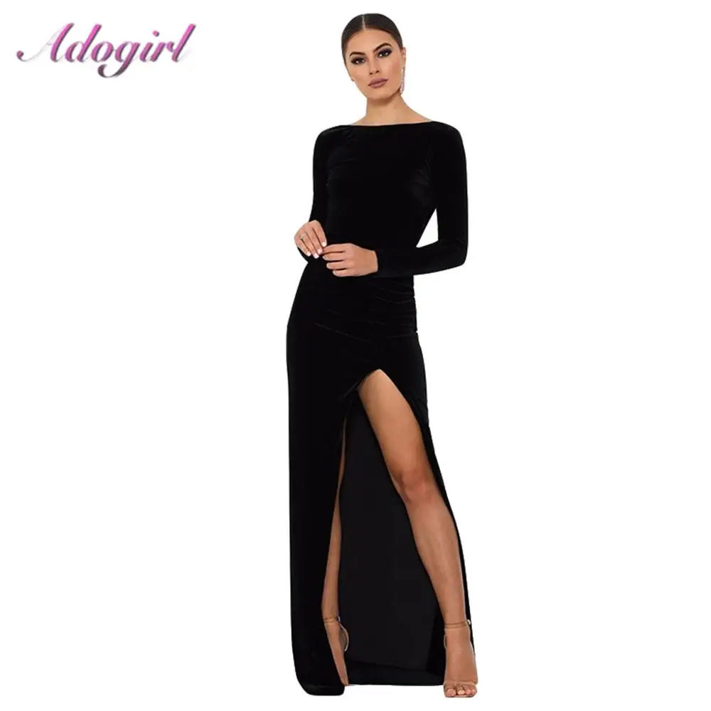 Adogirl элегантное Золотое Бархатное облегающее платье с длинным рукавом женское