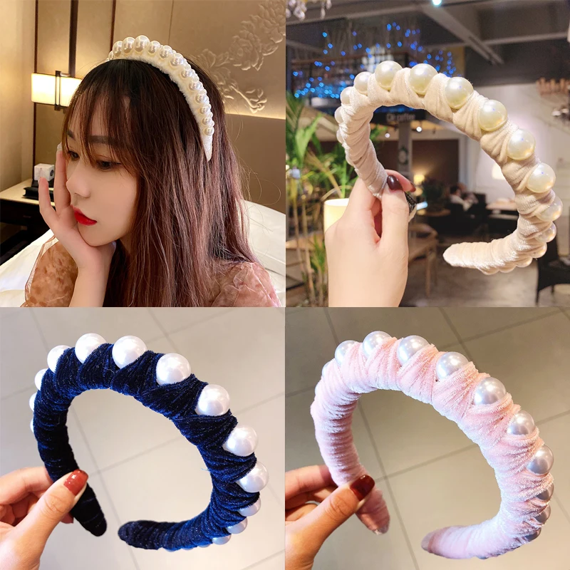 

Lady Hair Accessories Pearls Velvet Wide-brimmed Hairbands Elegant Headband Fashion Women Light Luxury Headwear