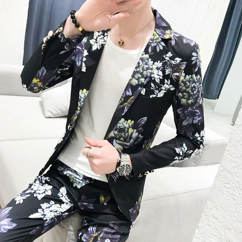 

2021 Men's Spring Printed business Blazers/Male slim fit Casual suit of two pieces Groom's Wedding Dress (Jackets+Pants)