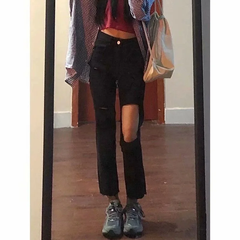 

Spring and summer 2021 new spice girl big hole jeans female small man high waist thin beggar straight pants