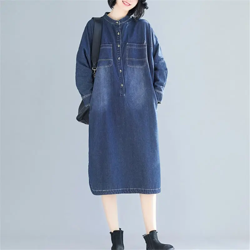 Женское джинсовое платье средней длины свободное однотонное винтажное