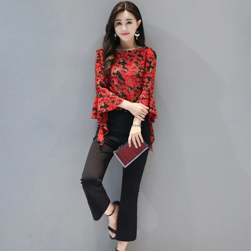 

2020 Spring Autumn New Loose and Thin Three-quarter Sleeves All-match Women's Top Trumpet Sleeve Chiffon Bottoming Shirt UK611