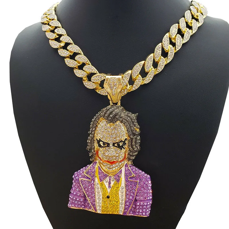 

Hip Hop Exaggerated Clown Head Large Pendant & 18" Full Iced Miami Cuban Choker Chain Necklace & 24" Chain Necklace Party Gift