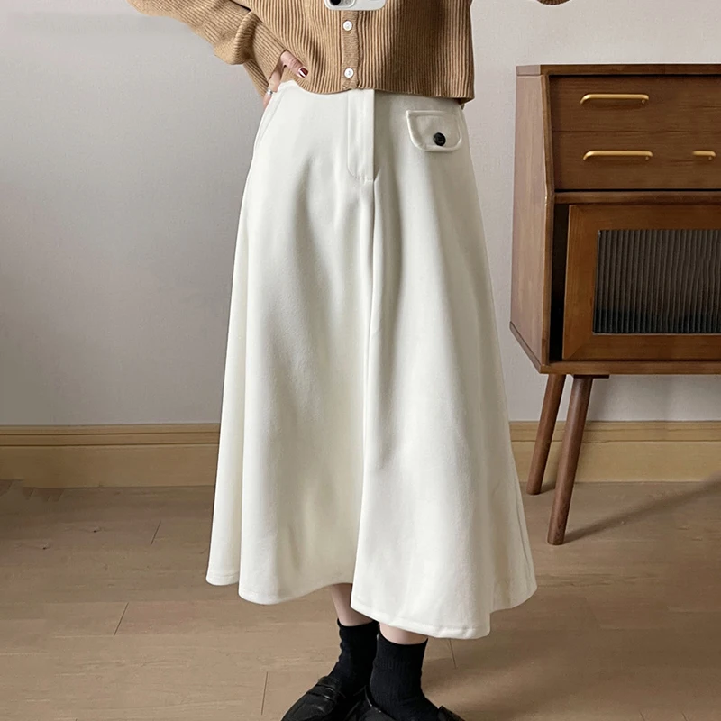 

KBAT 2022 Autumn Winter Long Wool Half-length Skirt Women's Solid Casual Knee-Length Skirt Female High Waist A-LINE Skirts