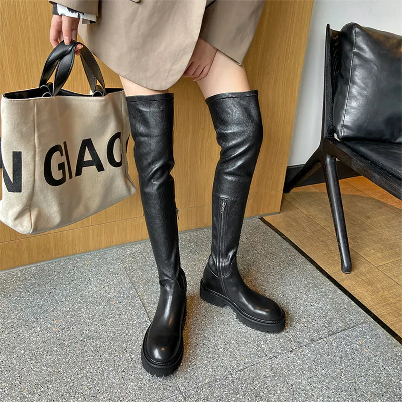 Сапоги женские из натуральной кожи на плоской платформе молнии | Обувь