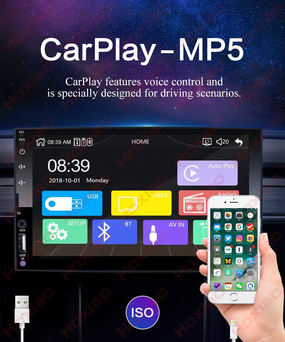 2 din Автомобильный Радио плеер с сенсорным экраном Зеркало Ссылка Android Авто Carplay MP5 SD/FM/USB/AUX/Bluetooth " HD 2DIN Аудио Автомобиля
